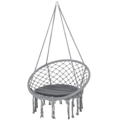 Cadeira suspensa redonda ø60 cm cadeira de rede de balanço com almofada e corda de algodão para interior e exterior 80x80x42 cm cinza