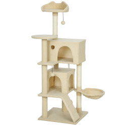 Arranhador para gatos com múltiplas plataformas cama 2 cavernas rede escada postes de sisal 48x48x140 cm bege