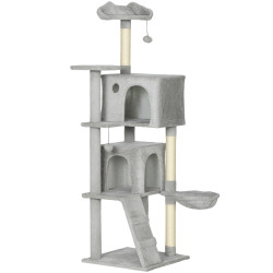 Arranhador para gatos com múltiplas plataformas cama 2 cavernas rede escada postes de sisal 48x48x160 cm cinzento claro