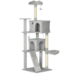 Arranhador para gatos com múltiplas plataformas cama 2 cavernas rede escada postes de sisal 56x56x180 cm cinza