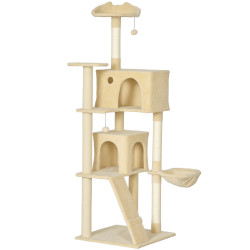 Arranhador para gatos com múltiplas plataformas cama 2 cavernas rede escada postes de sisal 56x56x180 cm bege
