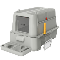 Caixa de areia para gatos de aço inoxidável xl com tampa articulada 180° laterais altas pedal pá 63x43x43 cm cinza claro