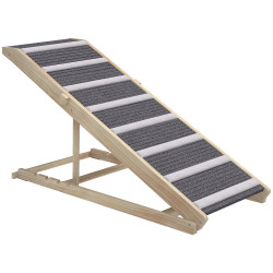 Rampa para cães dobrável com altura ajustável 41-60 cm e tapete antiderrapante 120x50x60 cm madeira e cinza