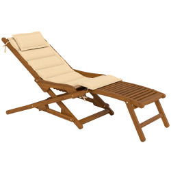 Espreguiçadeira dobrável de madeira de acácia com descanso para os pés removível e almofada com apoio de cabeça 158x61x70 cm bege