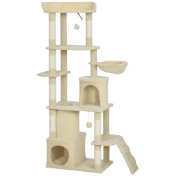 Arranhador para gatos grande com 7 postes 1 túnel 3 plataformas 2 cavernas 1 rede 1 poleiro 1 rampa pompons 60x40x170 cm bege