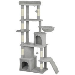 Arranhador para gatos grande com 7 postes 1 túnel 3 plataformas 2 cavernas 1 rede 1 poleiro 1 rampa pompons 60x40x170 cm cinzento