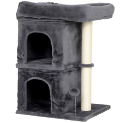 Arranhador para gatos com cama 2 cavernas poste de sisal e bola para brincar 45x40x66 cm cinzento escuro