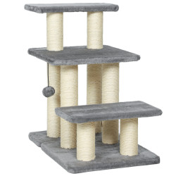 Escada para gatos de 3 degraus altura ajustável com postes para arranhar e bola pendurada carga 10 kg 52x34,5x54 cm cinzento