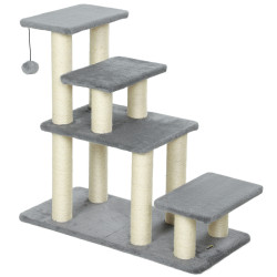 Escada para animais ajustável de 3 ou 4 degraus com postes arranhadores e bola suspensa 70x32x68 cm cinzento