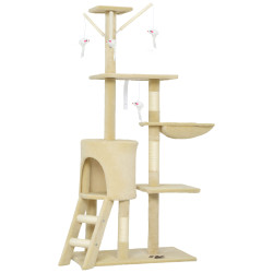 Arranhador para gatos com caverna plataformas rato de brinquedo rede e postes de sisal 60x35x134 cm bege