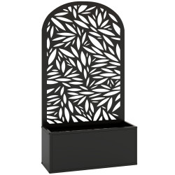 Floreira com painel decorativo curvo de folhas em metal e opção de montagem na parede 61x23x113 cm preto