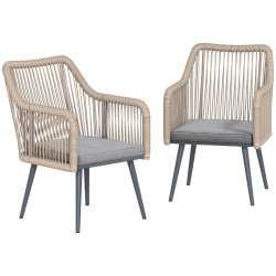Conjunto de 2 cadeiras de jardim exterior em vime com almofadas apoios de braço e estrutura de aço 54x65x80 cm cinza
