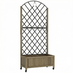 Floreira de madeira com grade metálica e rodas para plantas trepadeiras vaso elevado 72x36x168 cm carbonizado