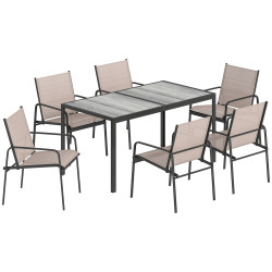 Conjunto de mesa e cadeiras de jardim de 7 peças com mesa com efeito madeira e 6 cadeiras com assento respirável caqui