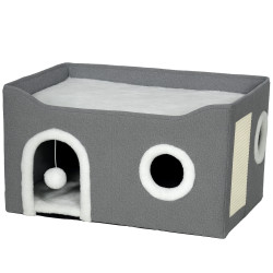 Casa para gatos dobrável com arranhador 3 entradas bola pendurada almofada reversível em pelúcia e tipo linho 60x40x34 cm cinza