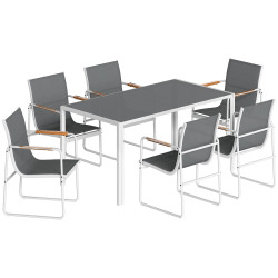 Conjunto de mesa e cadeiras de jardim de 7 peças com mesa de vidro temperado 6 cadeiras e estrutura em aço branco e cinza