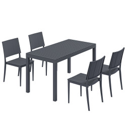 Conjunto de mesa e cadeiras de jardim com mesa de ripas e 4 cadeiras empilháveis para terraço ou pátio cinzento