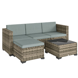 Conjunto de jardim em vime de 5 peças inclui almofadas 2 poltronas de canto poltrona sem braços apoia-pés e mesa de centro cinza claro
