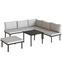 Conjunto de jardim exterior de 6 peças com sofá de 2 lugares, módulo de canto, 2 assentos, apoio para pés e mesa de vidro, cinzento claro