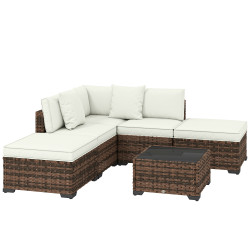 Conjunto de jardim exterior em rattan de 6 peças com cadeira de canto, 2 cadeiras sem braços, apoio para pés e mesa castanha