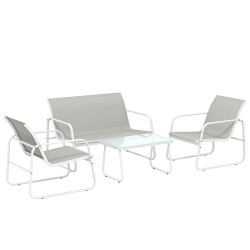 Conjunto de jardim exterior de 4 peças com sofá de 2 lugares, 2 poltronas e mesa de vidro temperado, tecido textilene cinzento claro