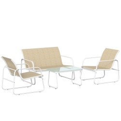 Conjunto jardim de 4 peças com sofá de 2 lugares 2 poltronas mesa de vidro temperado tecido textilene respirável caqui
