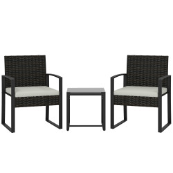 Conjunto de móveis de exterior de 3 peças em vime PE com cadeiras mesa de vidro temperado e almofadas marrom e creme