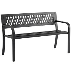 Banco de jardim exterior de 2 lugares com assento ripado, apoios de braço e estrutura de aço 119x50x75 cm preto