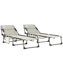 Conjunto de 2 espreguiçadeiras jardim dobráveis com apoio de cabeça e encosto reclinável em 5 posições 200x57x38 cm creme