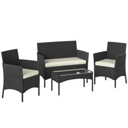 Conjunto de móveis de jardim em vime sintético com sofá poltronas e mesa de vidro temperado com almofadas preto e creme