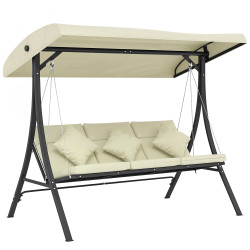 Baloiço de jardim exterior de 3 lugares com toldo ajustável e estrutura de aço 202x115x168 cm bege