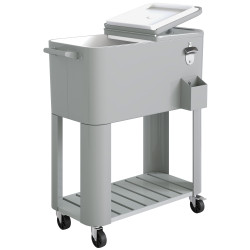 Carrinho refrigerador de 76l com rodas prateleira abre-garrafas coletor de tampas dreno e 2 alças para pátio festa 92x39x81 cm prata