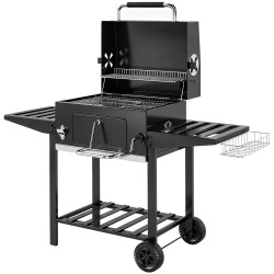 Barbecue a carvão com bandeja ajustável, prateleiras dobráveis, rodas, termómetro, tampa, chaminé, ventilação e cesto