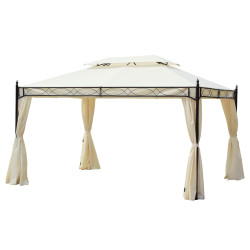 Pérgola de jardim 4x3 m com telhado duplo 4 cortinas estrutura de aço 8 orifícios de drenagem anti-UV creme