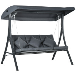 Baloiço de jardim exterior de 3 lugares com toldo ajustável e estrutura de aço 202x115x168 cm cinzento escuro