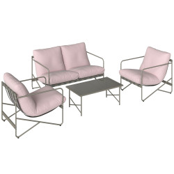 Conjunto de jardim de 4 peças com sofá de 2 lugares 2 poltronas mesa de vidro temperado e almofadas grossas para terraço rosa