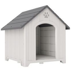 Casota para cães de exterior casa para cães grandes de plástico com 2 janelas base elevada estacas cinzento