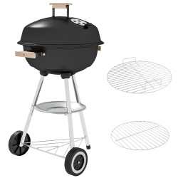 Barbecue a carvão portátil com rodas tampa e tigela esmaltadas e puxadores de madeira 48x56x85 cm preto
