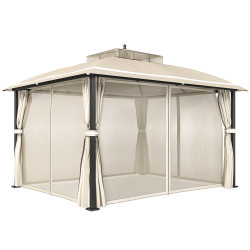 Pérgola de jardim 370x303x290 cm com telhado duplo cortinas laterais e mosquiteiras resistente à água e anti-UV bege