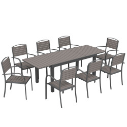 Conjunto de mesa e cadeiras de jardim com mesa extensível estrutura de alumínio 8 cadeiras e tampo de ripas de madeira plástica