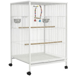 Gaiola para pássaros com rodas poleiros baloiço bandeja removível e tigelas de aço inoxidável 48x46x78 cm branco
