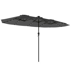 Chapéu de sol duplo com 36 luzes LED solares 4x2 m manivela upf50+ chapéu de sol para jardim cinza escuro