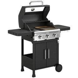 Barbecue a gás portátil com 3 queimadores 7,5 kw termómetro mesas laterais dobráveis armário grelha aquecedora chapa 125x57x110 cm preto