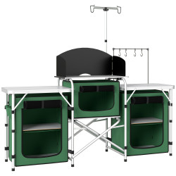 Móvel de cozinha para campismo dobrável com 3 mesas 4 ganchos poste de luz e bolsa de transporte 172x48x119 cm verde