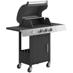 Barbecue a gás com 3 queimadores 8,1 kw termómetro grelhas mesas laterais armário e rodas 109x50x109 cm preto