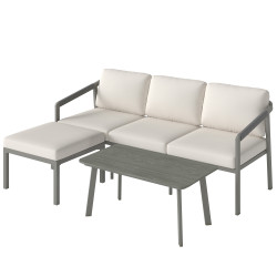 Conjunto de jardim de 3 peças sofá exterior em l com sofá de 3 lugares apoio para os pés mesa de ripas e almofadas de 10 cm castanho e bege
