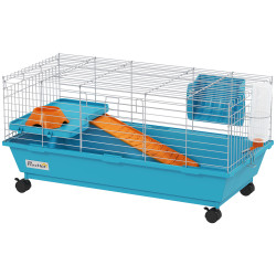Gaiola para animais pequenos com rodas, garrafa comedouro dispensador de feno para coelhos e porquinhos-da-índia 89x44x43 cm azul