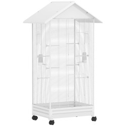 Gaiola para pássaros metálica com com rodas bandeja amovível 4 portas 2 comedouros e 8 poleiros 79x65x155 cm branco