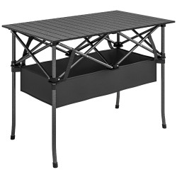 Mesa dobrável de campismo 93x55x68 cm com rede de armazenamento tampo enrolável em alumínio saco de transporte preto