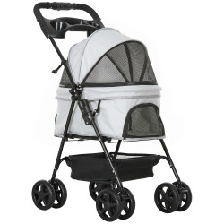 Carrinho para cães pequenos com 4 rodas travão cesto capota correias de segurança e janelas 67x45x96 cm cinzento claro